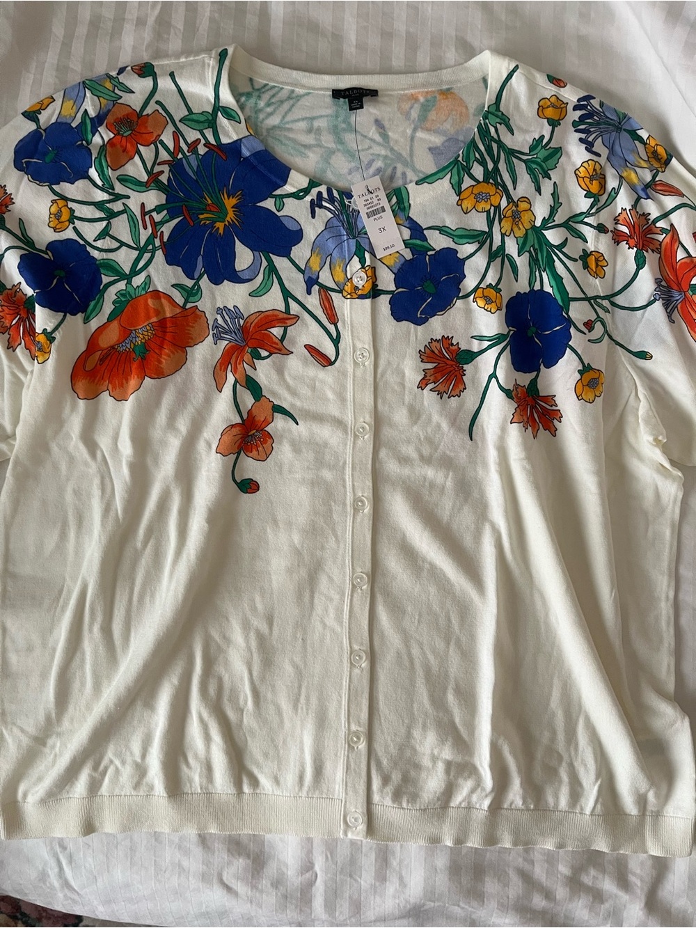 Talbots Floral Button-Up Cardigan in White, Blue & Green with Yellow Accents